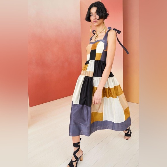 Ulla Johnson Minerva Patchwork Dress Blue Gold Size 4 - Picture 3 of 16